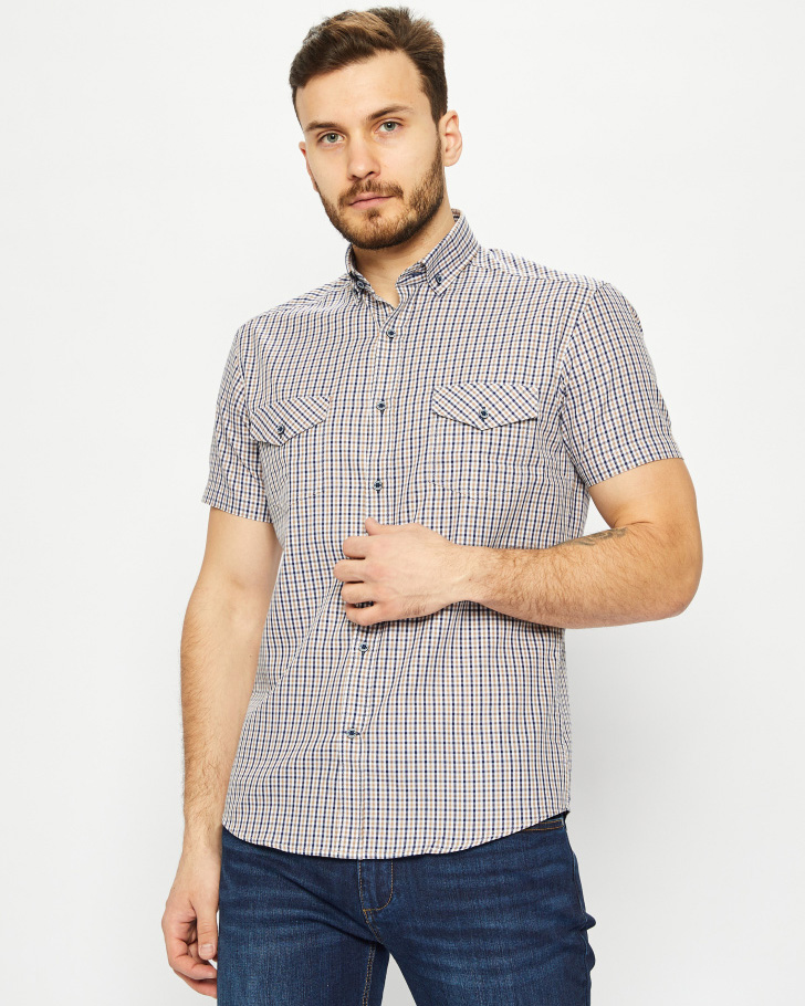 Сорочка мужская GROSTYLE TRENDY SS017671 к/р. (белый/синий/бежевый), фото